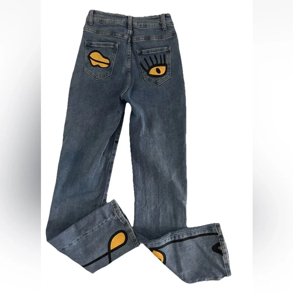 Akira | High Waist Eyes On Me Graphic Jeans Size 25 Blue Denim Straight Leg